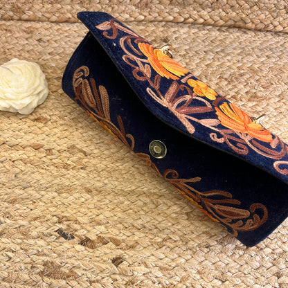 Navy Blue Premium Kashmiri Velvet Embroidered Clutch