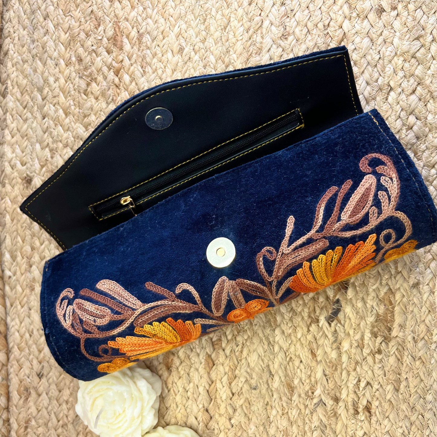 Navy Blue Premium Kashmiri Velvet Embroidered Clutch