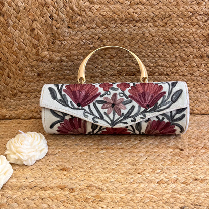 Snow White Pink Floral Premium Kashmiri Velvet Embroidered Clutch