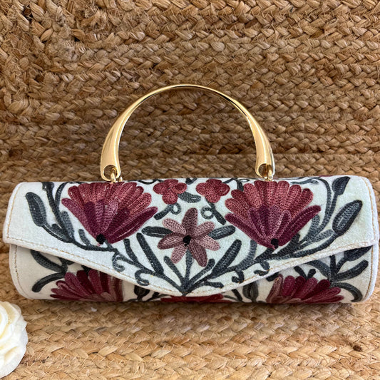 Snow White Pink Floral Premium Kashmiri Velvet Embroidered Clutch