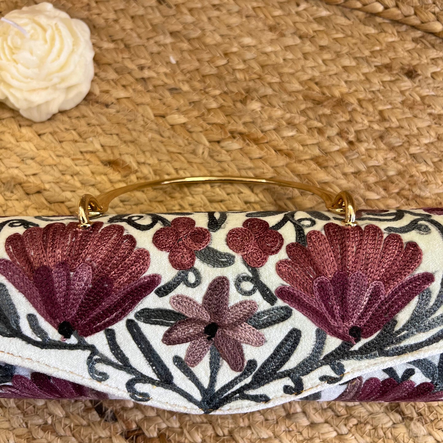 Snow White Pink Floral Premium Kashmiri Velvet Embroidered Clutch