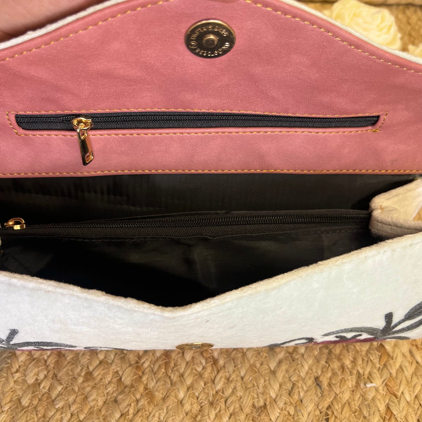 Snow White Pink Floral Premium Kashmiri Velvet Embroidered Clutch
