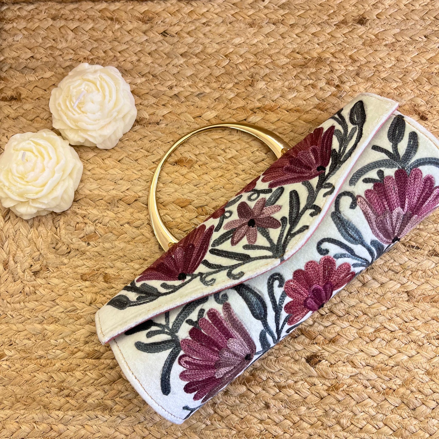 Snow White Pink Floral Premium Kashmiri Velvet Embroidered Clutch