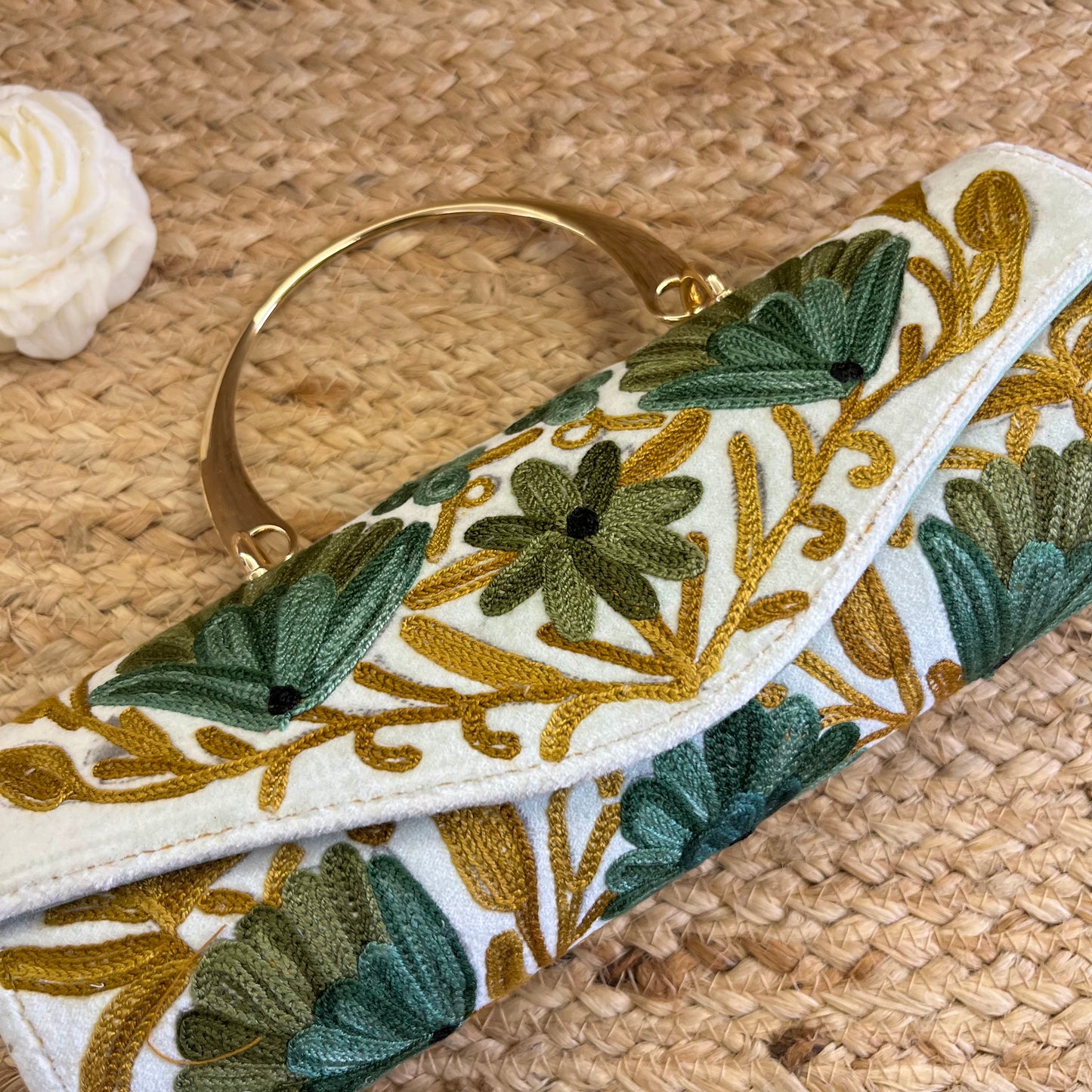 Snow White Green Floral Premium Kashmiri Velvet Embroidered Clutch