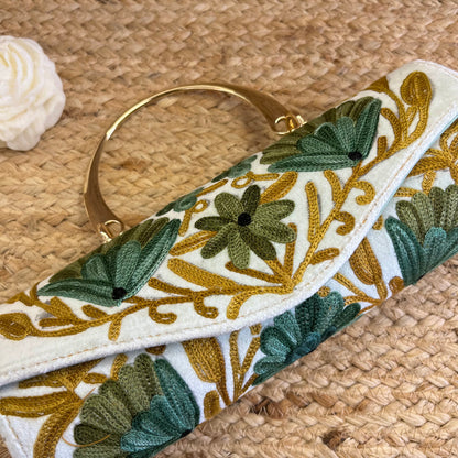 Snow White Green Floral Premium Kashmiri Velvet Embroidered Clutch