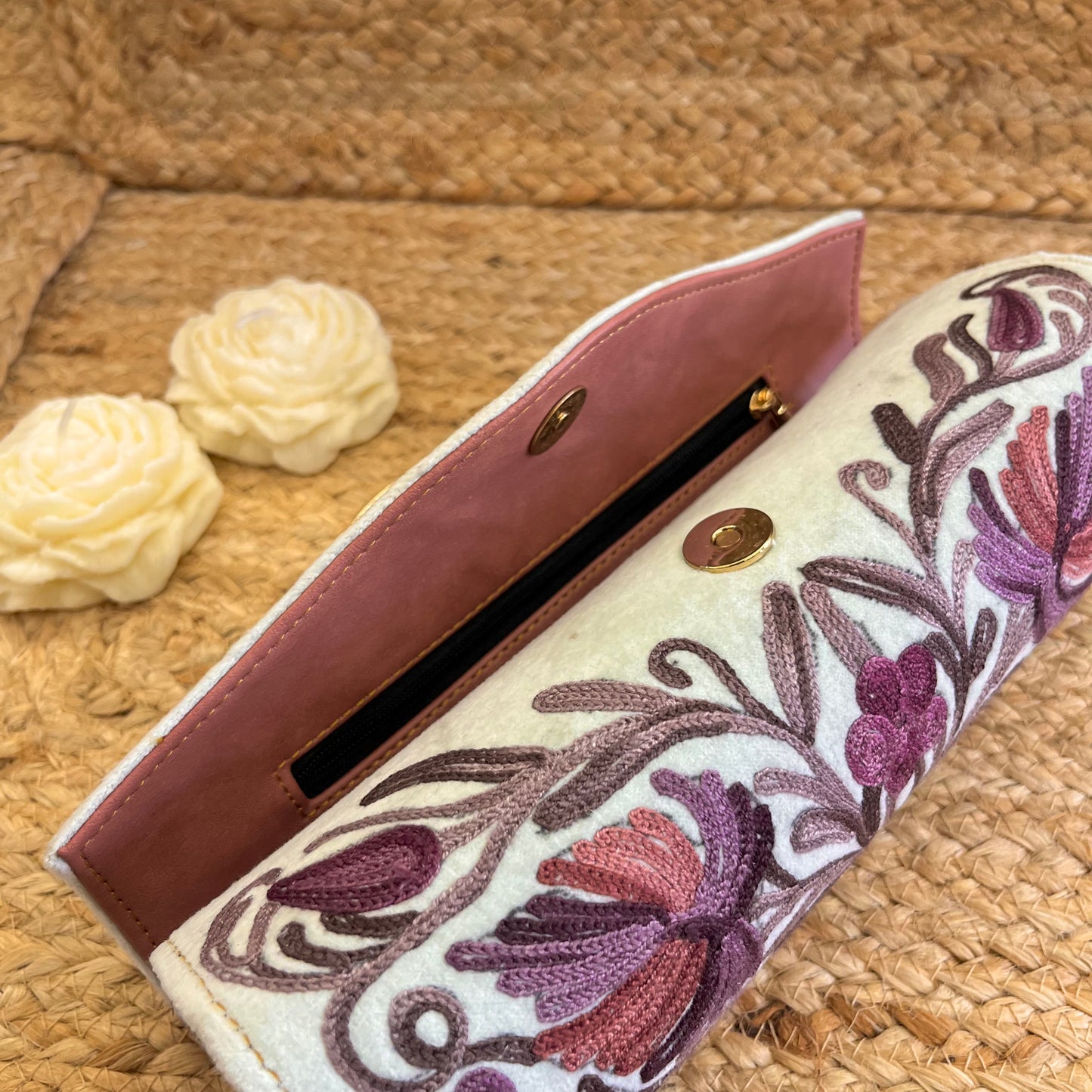 Snow White Pink Floral Premium Kashmiri Velvet Embroidered Clutch
