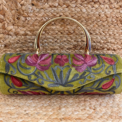 Olive Green Premium Kashmiri Velvet Embroidered Clutch