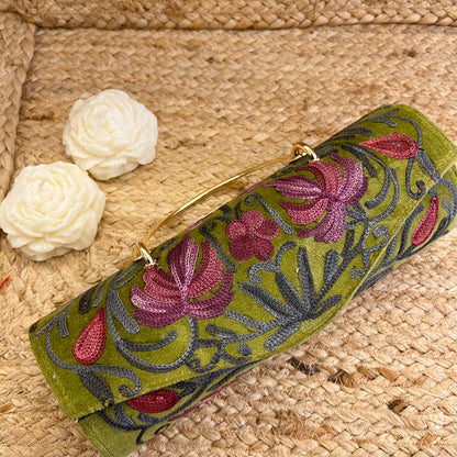 Olive Green Premium Kashmiri Velvet Embroidered Clutch