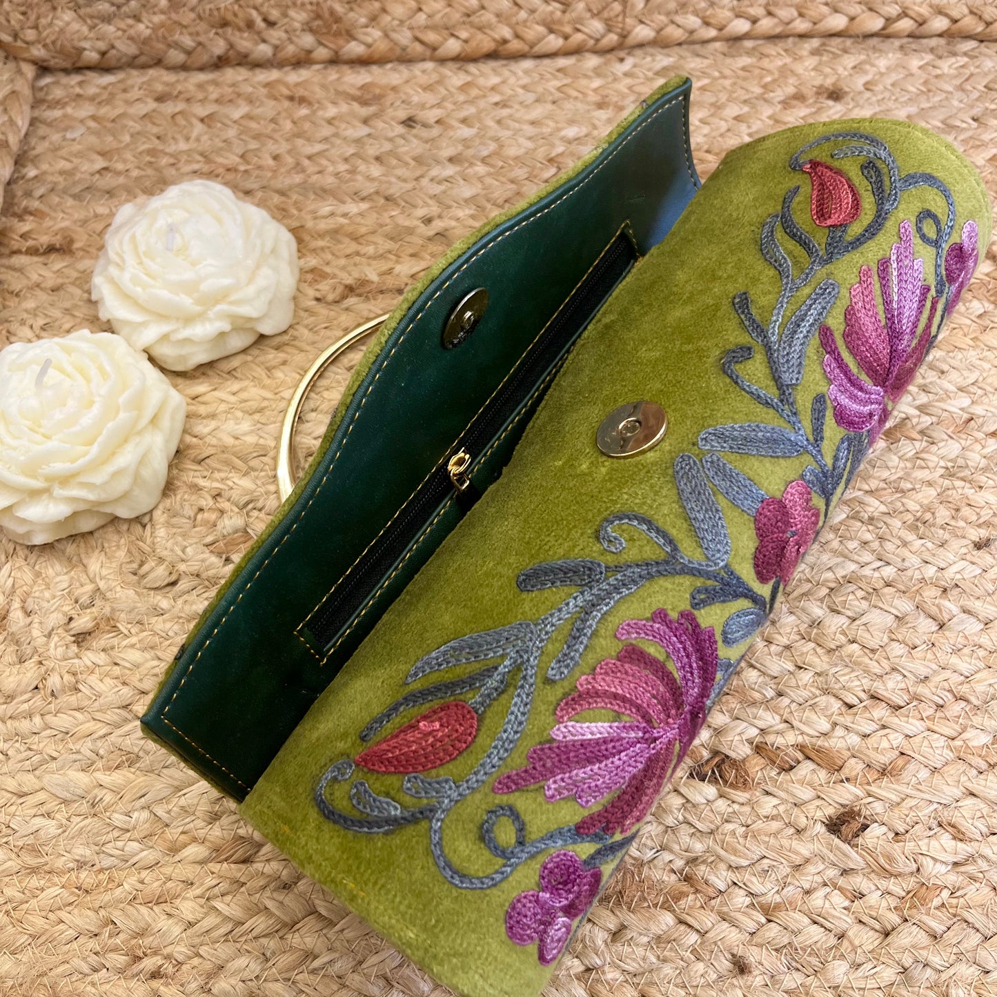 Olive Green Premium Kashmiri Velvet Embroidered Clutch