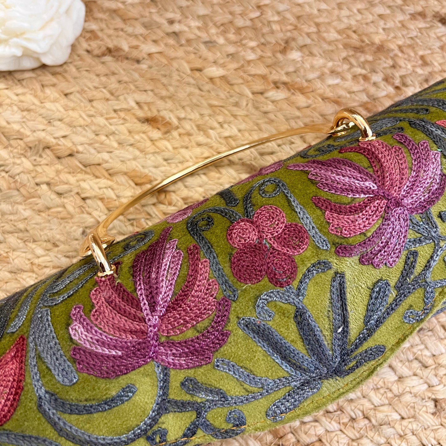 Olive Green Premium Kashmiri Velvet Embroidered Clutch