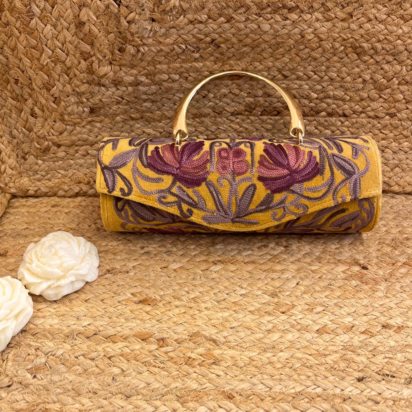 Mustard Yellow Premium Kashmiri Velvet Embroidered Clutch