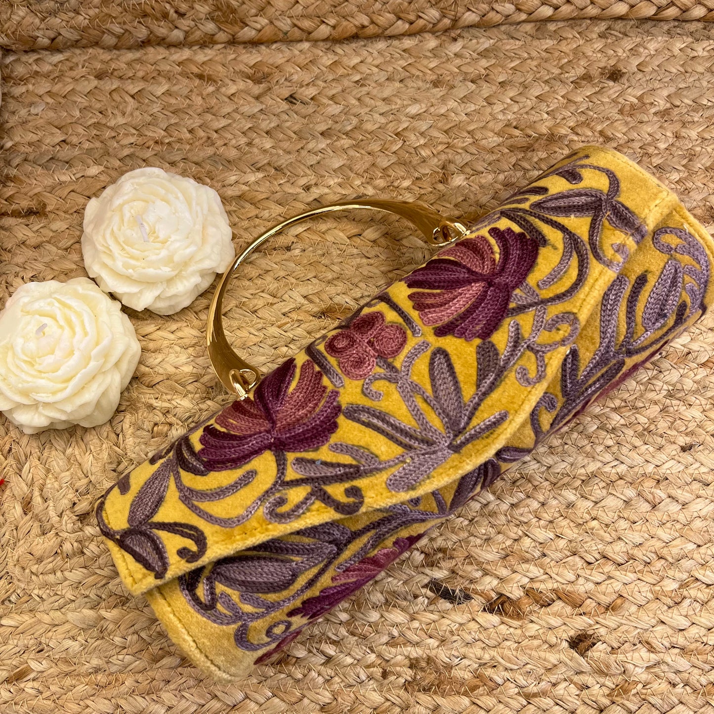 Mustard Yellow Premium Kashmiri Velvet Embroidered Clutch