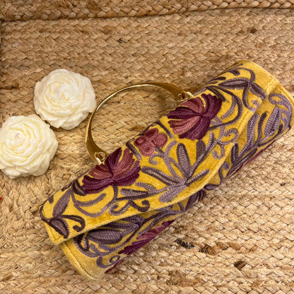 Mustard Yellow Premium Kashmiri Velvet Embroidered Clutch
