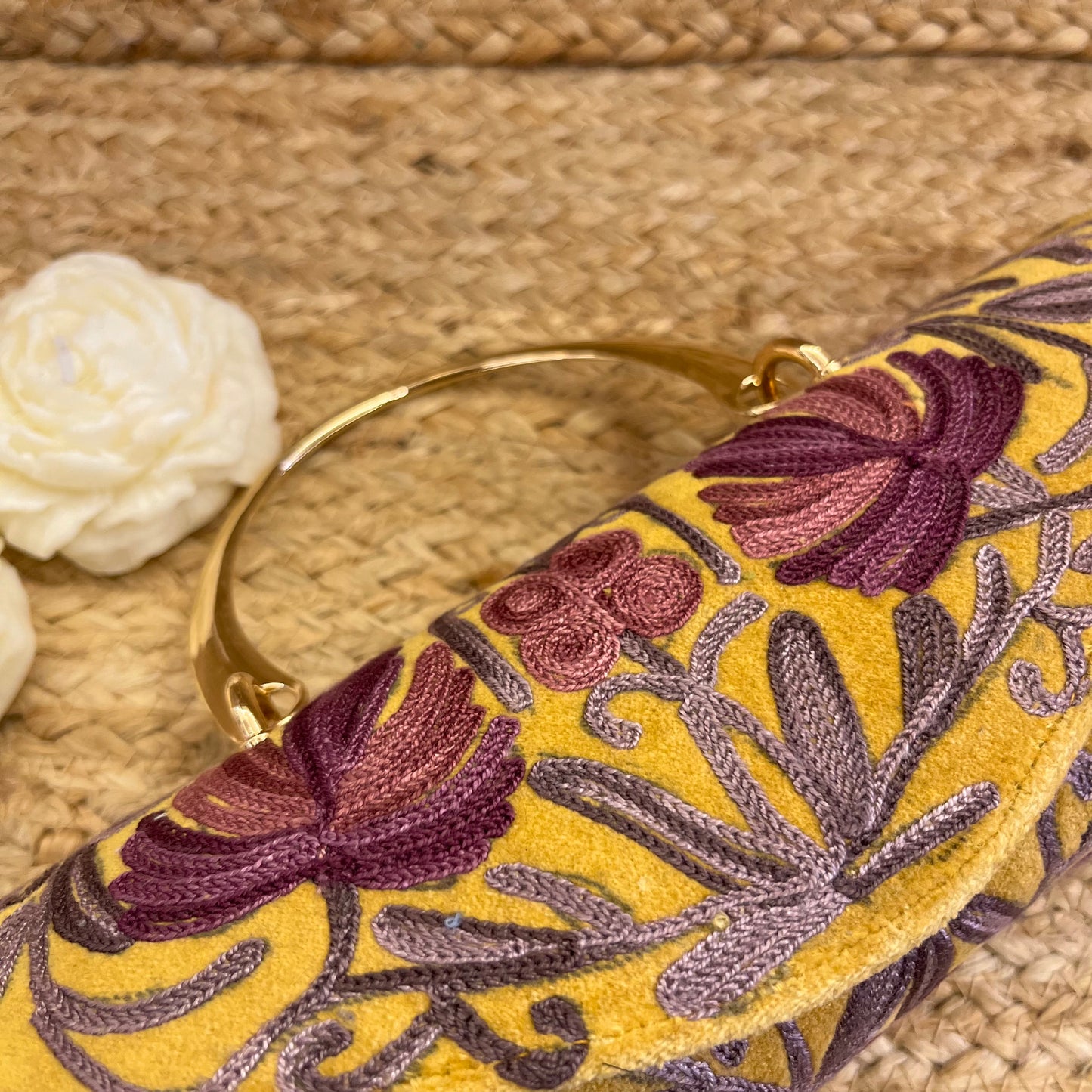Mustard Yellow Premium Kashmiri Velvet Embroidered Clutch