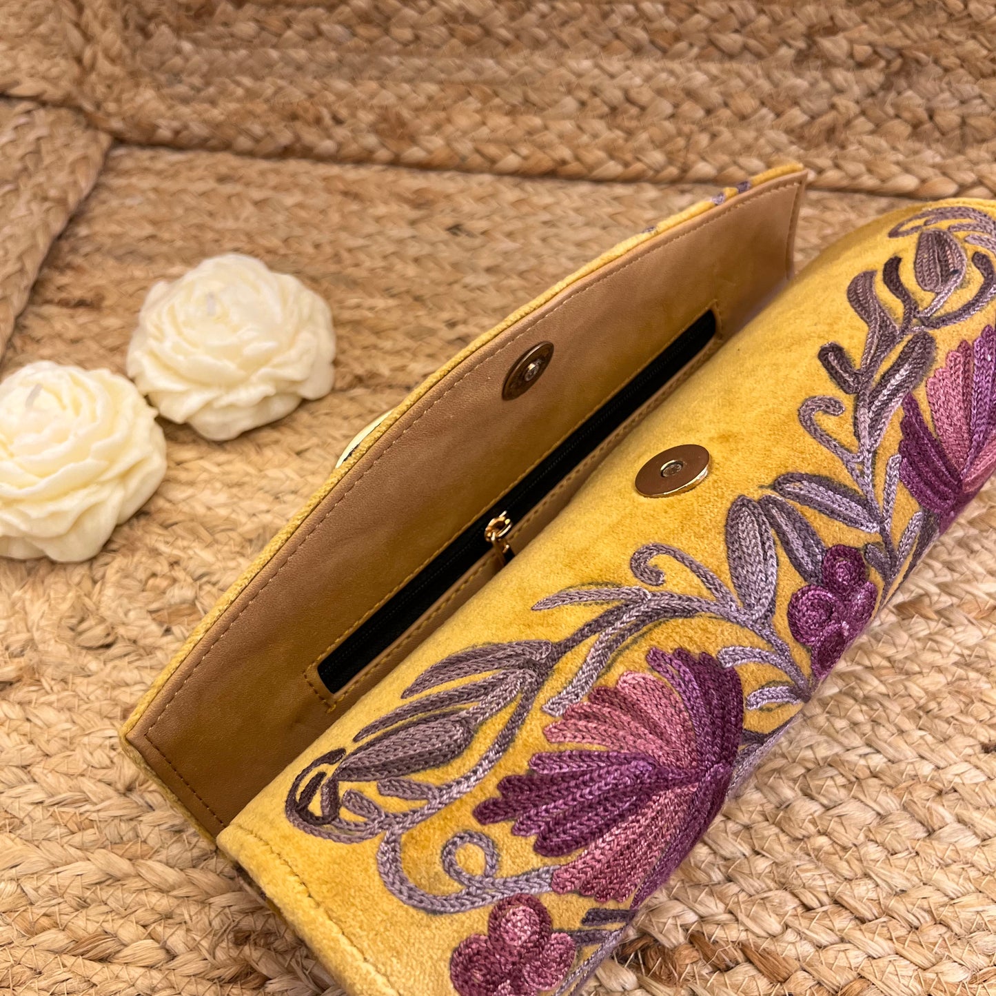 Mustard Yellow Premium Kashmiri Velvet Embroidered Clutch