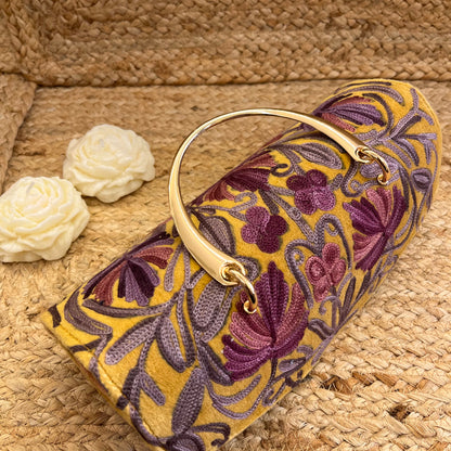Mustard Yellow Premium Kashmiri Velvet Embroidered Clutch