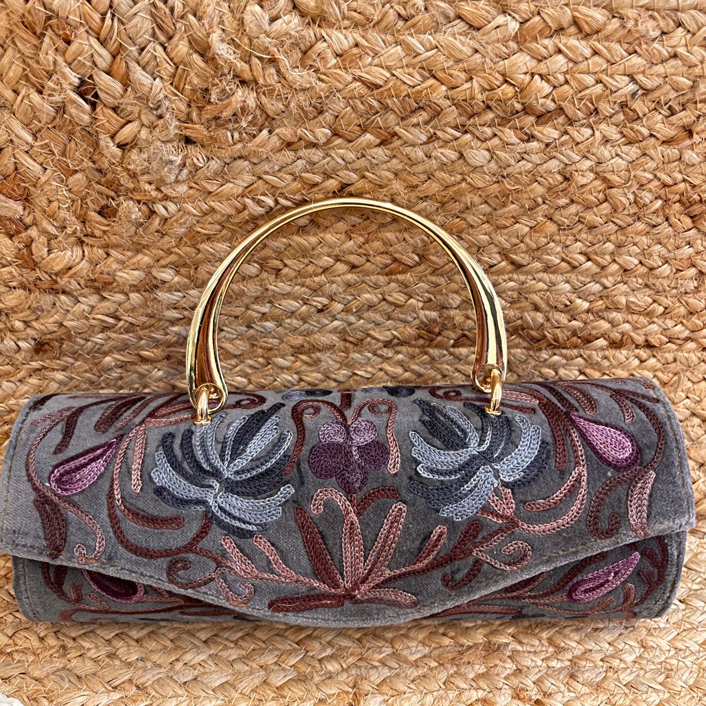 Grey Premium Kashmiri Velvet Embroidered Clutch