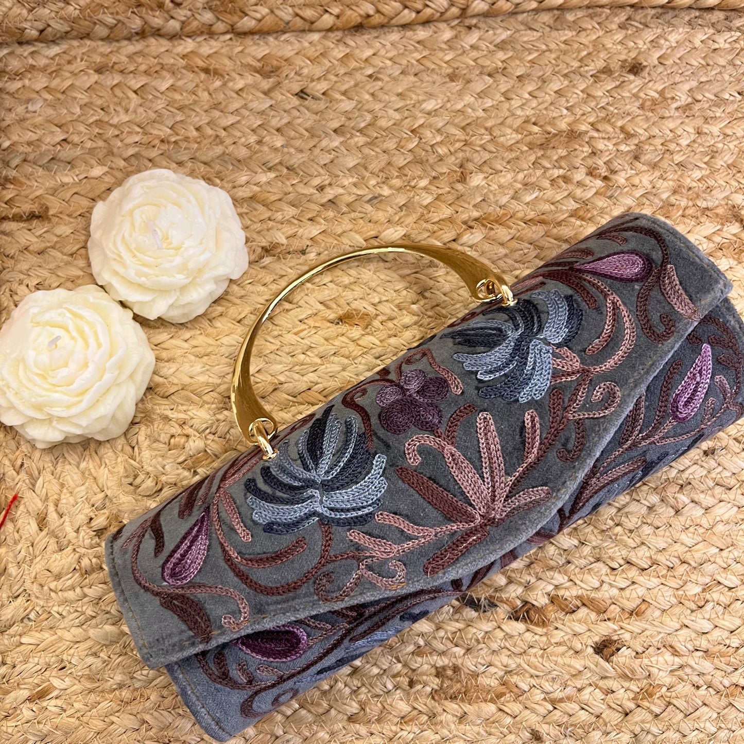 Grey Premium Kashmiri Velvet Embroidered Clutch