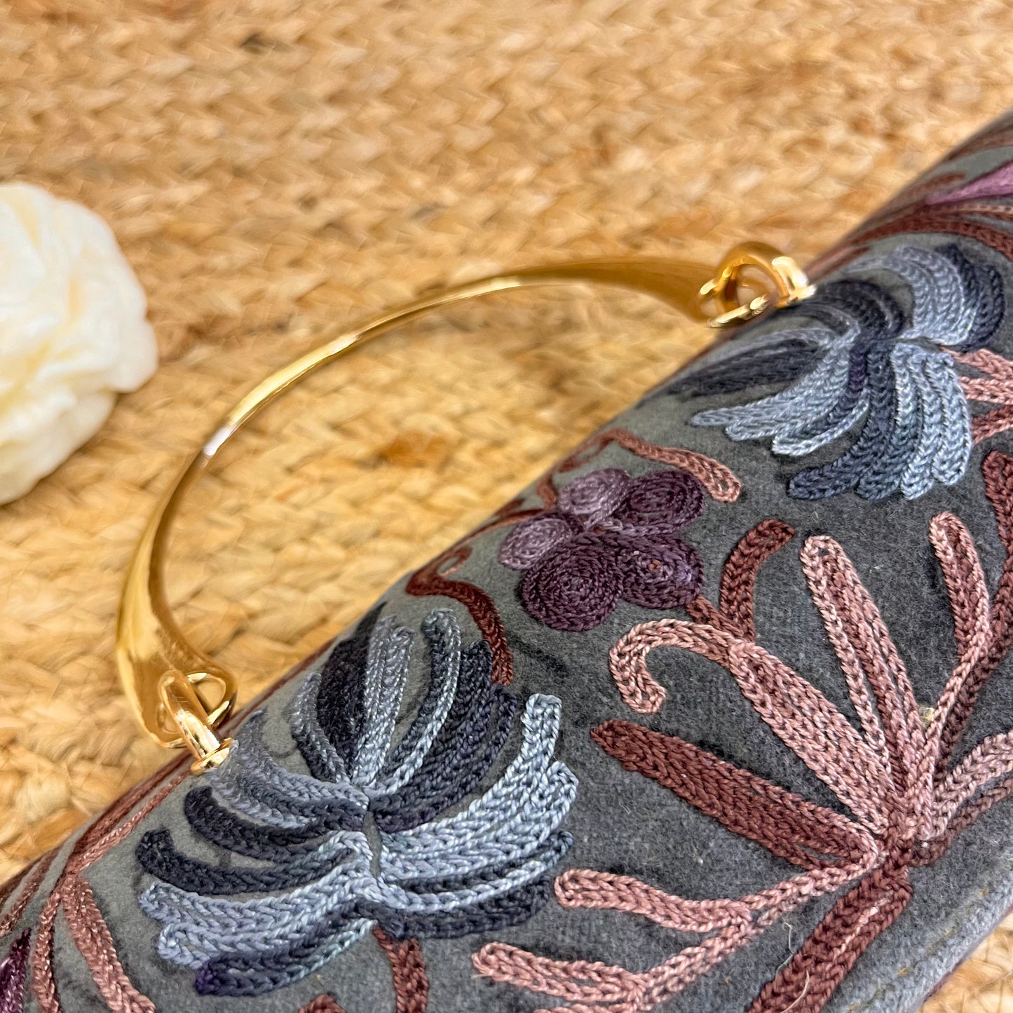 Grey Premium Kashmiri Velvet Embroidered Clutch