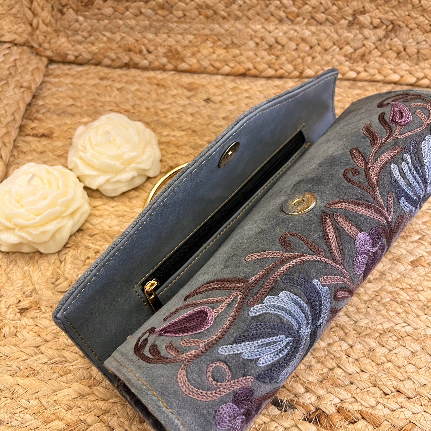 Grey Premium Kashmiri Velvet Embroidered Clutch
