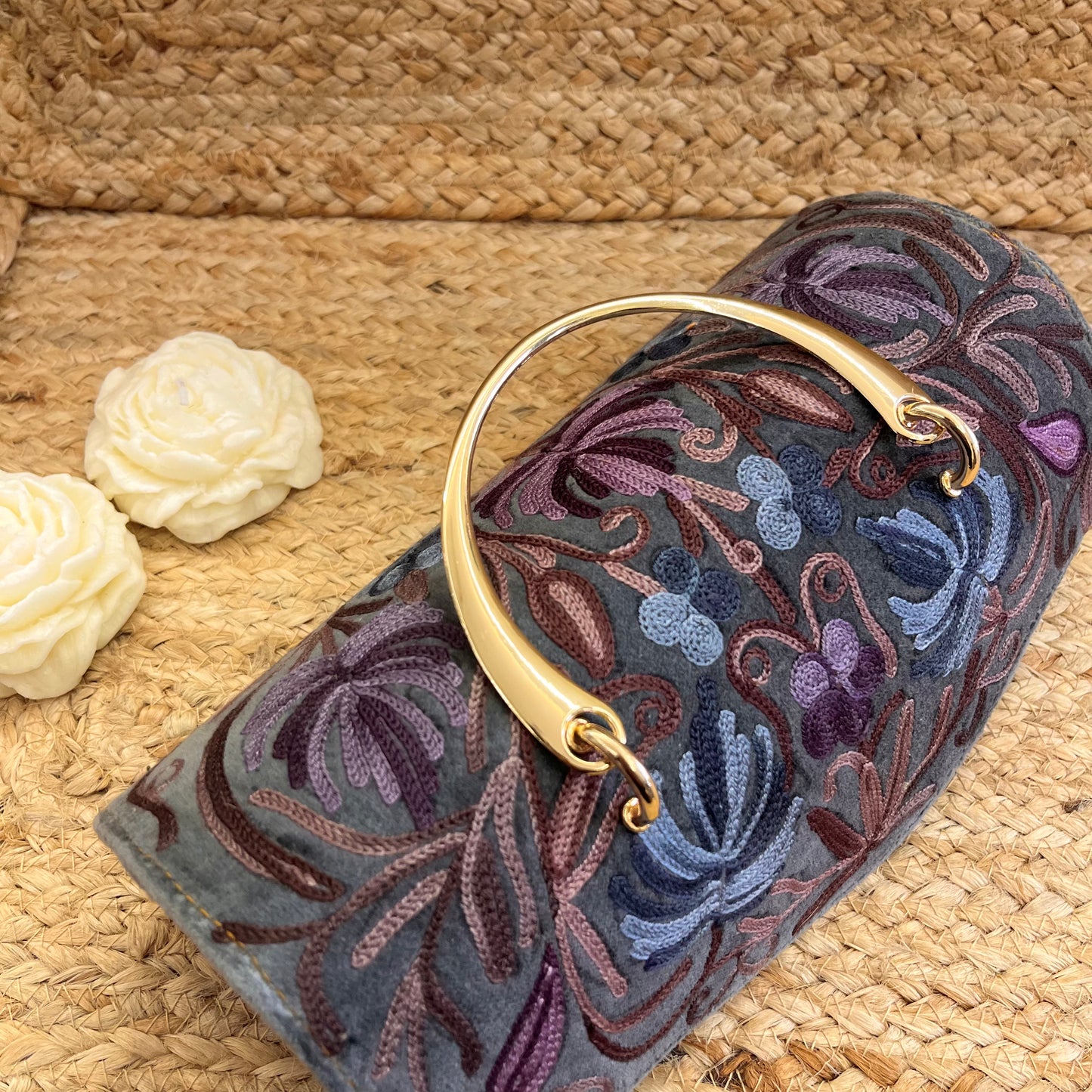 Grey Premium Kashmiri Velvet Embroidered Clutch