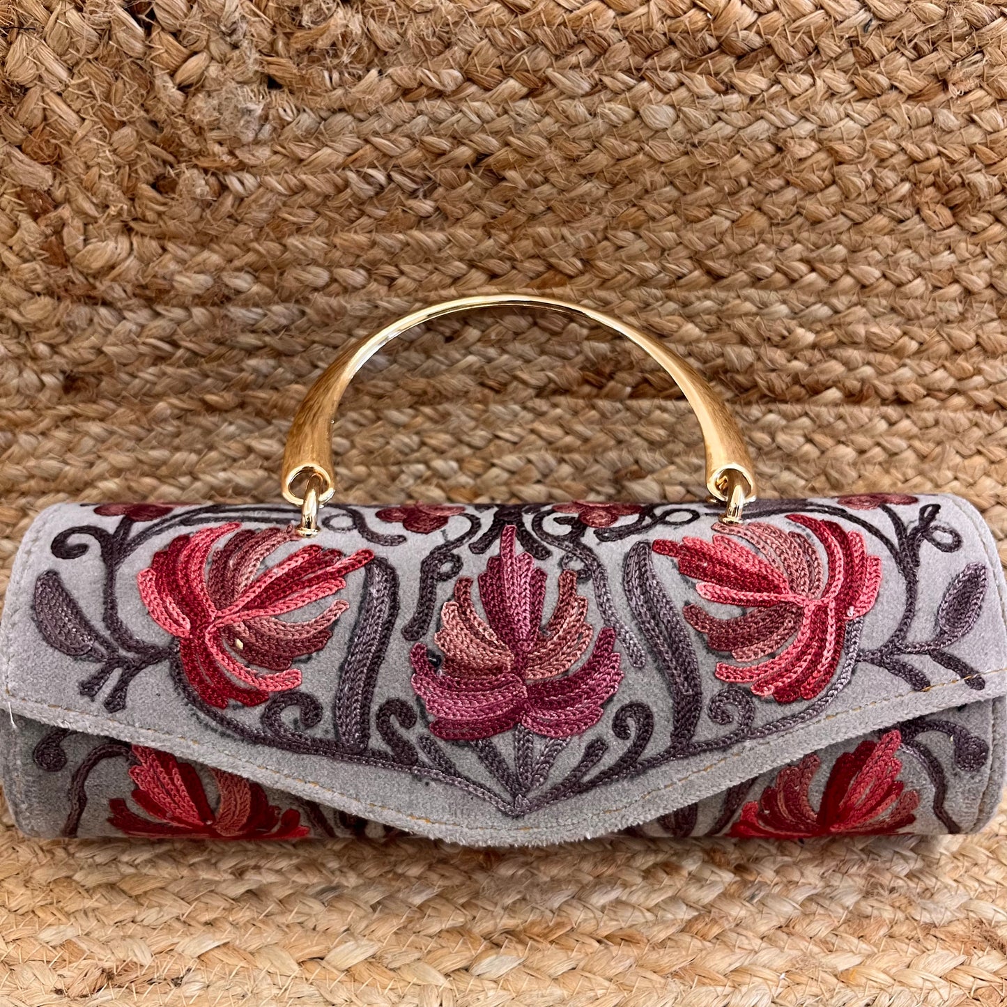 Light Grey Pink Floral Premium Kashmiri Velvet Embroidered Clutch