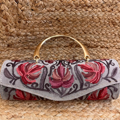 Light Grey Pink Floral Premium Kashmiri Velvet Embroidered Clutch