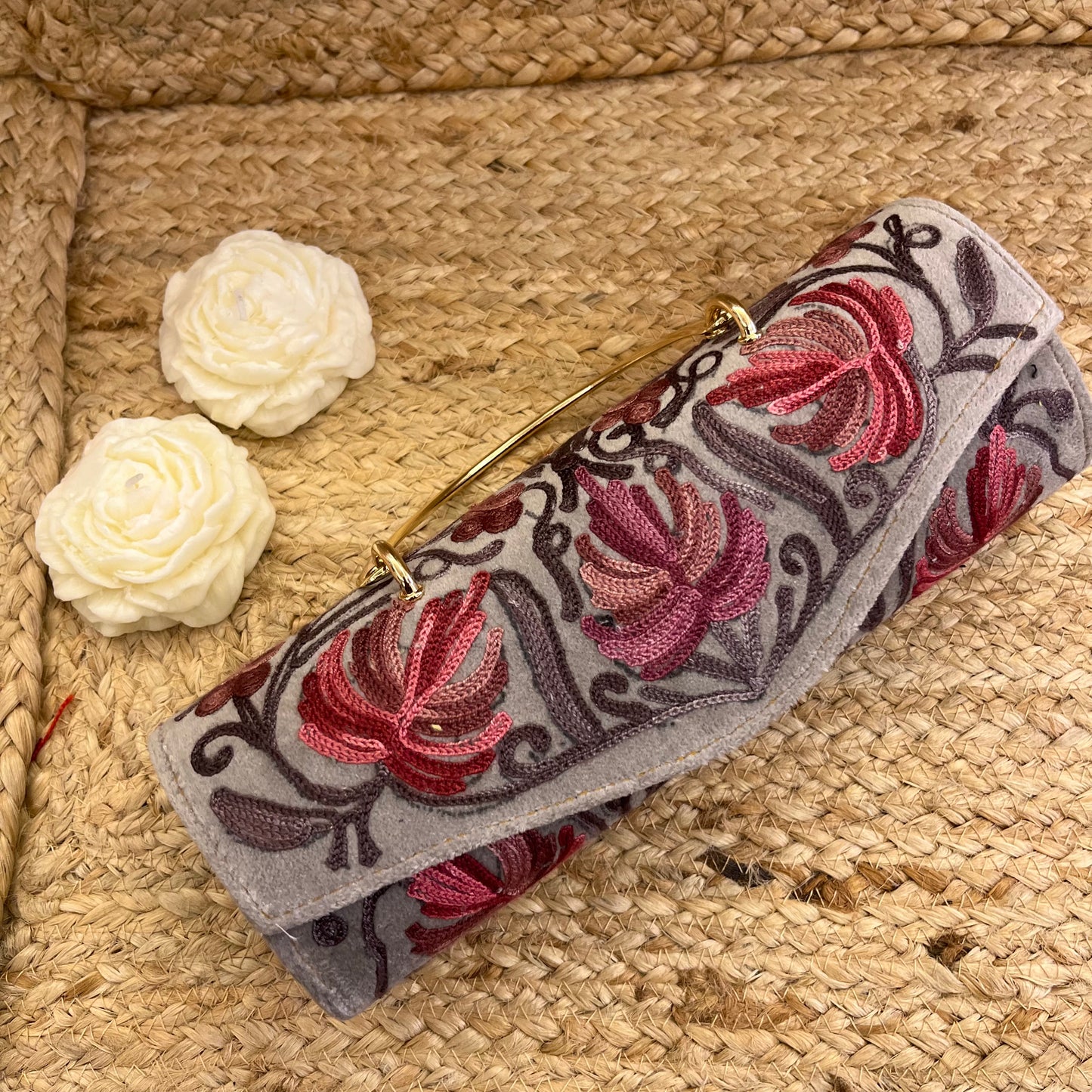 Light Grey Pink Floral Premium Kashmiri Velvet Embroidered Clutch
