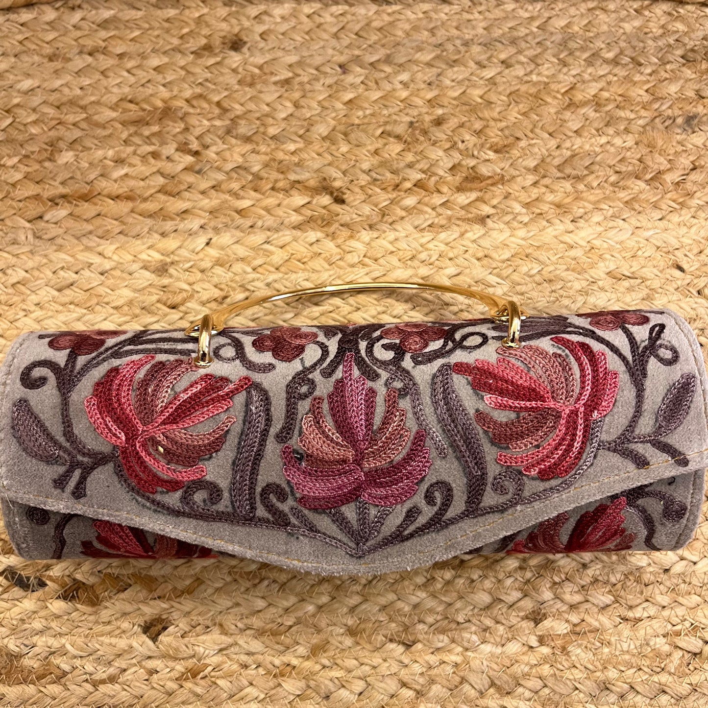 Light Grey Pink Floral Premium Kashmiri Velvet Embroidered Clutch