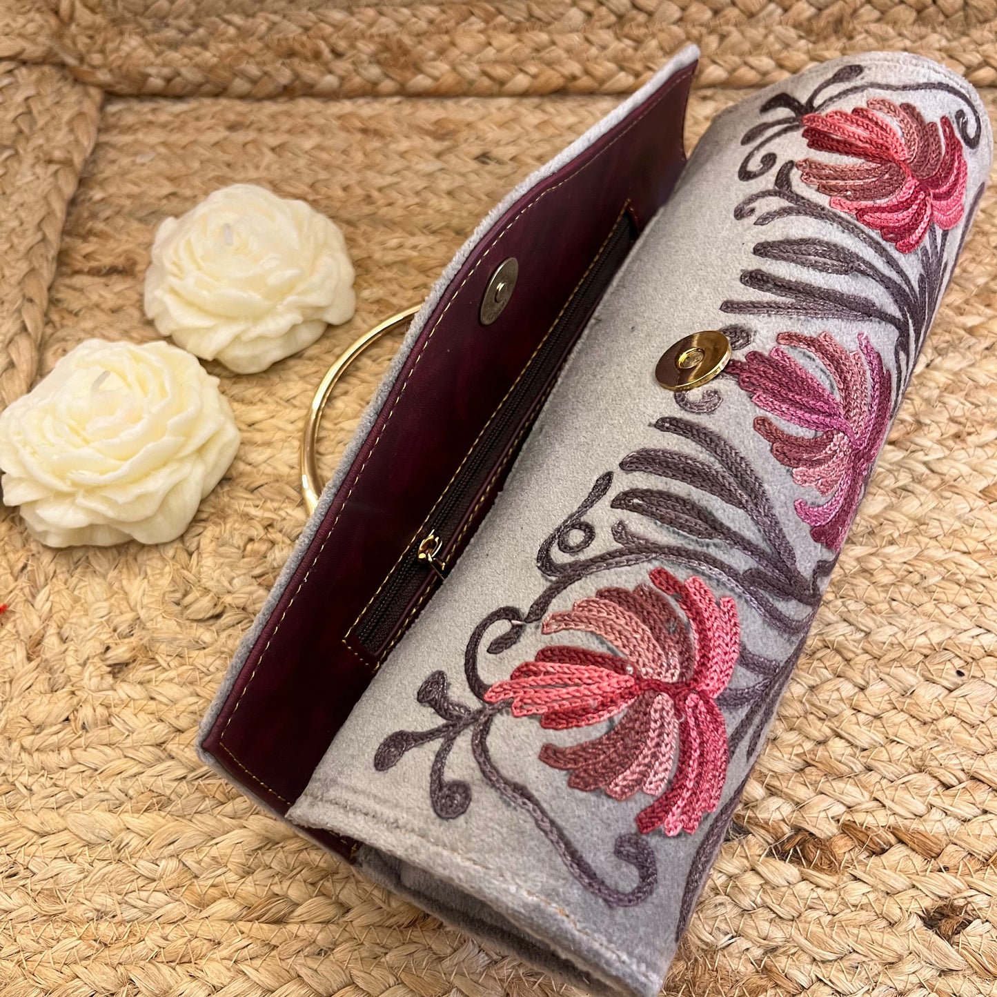 Light Grey Pink Floral Premium Kashmiri Velvet Embroidered Clutch