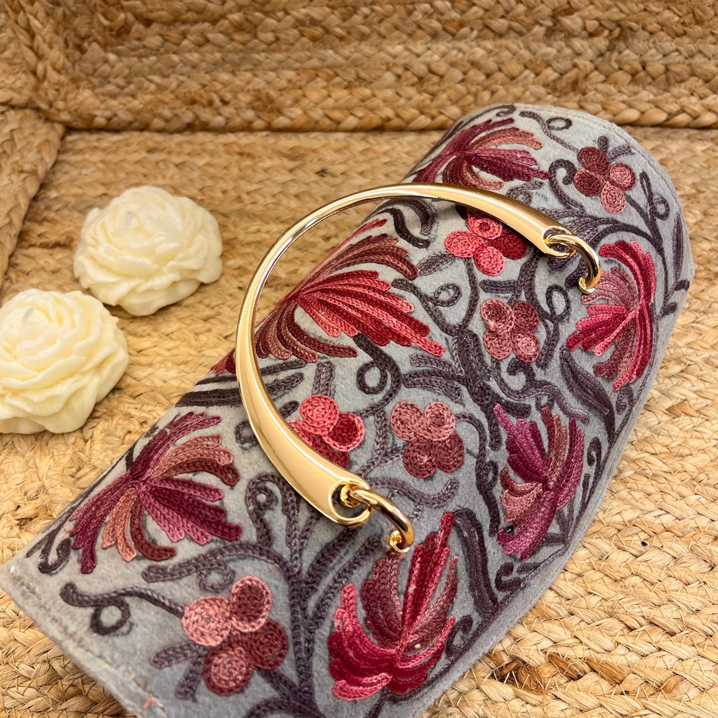 Light Grey Pink Floral Premium Kashmiri Velvet Embroidered Clutch
