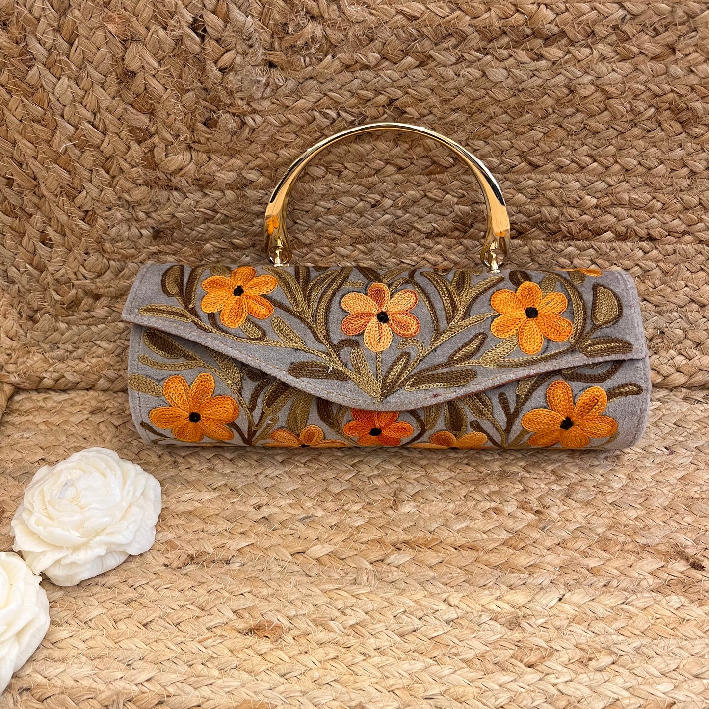 Grey Orange Floral Premium Kashmiri Velvet Embroidered Clutch