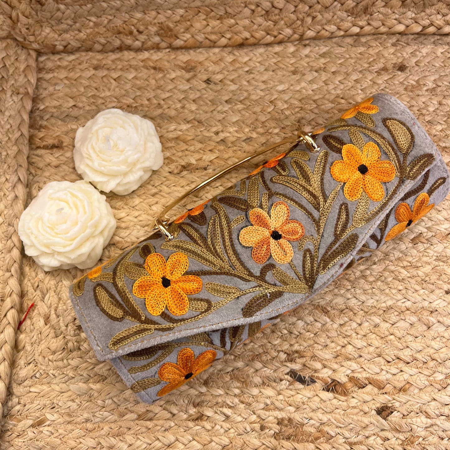 Grey Orange Floral Premium Kashmiri Velvet Embroidered Clutch