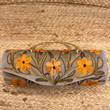 Grey Orange Floral Premium Kashmiri Velvet Embroidered Clutch