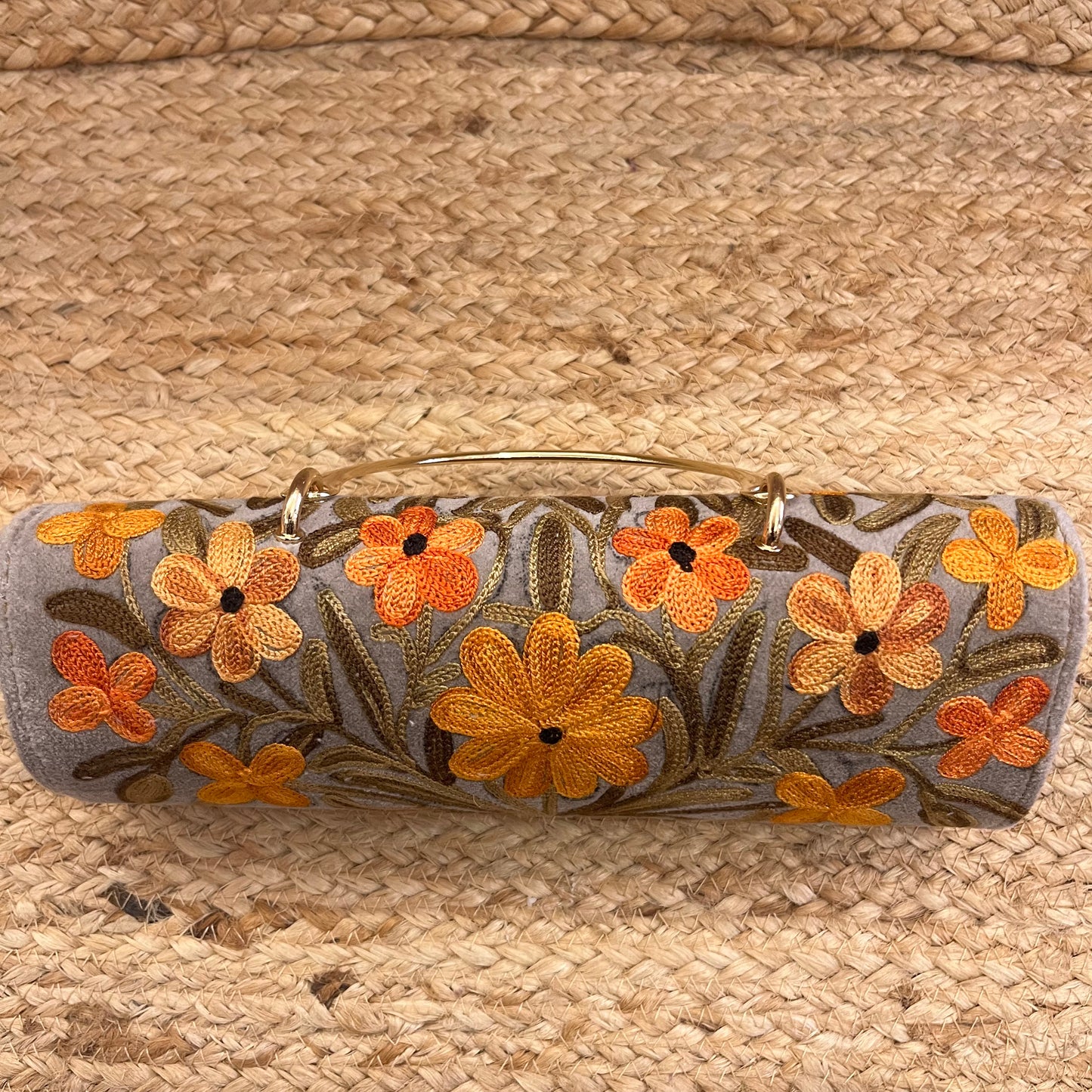 Grey Orange Floral Premium Kashmiri Velvet Embroidered Clutch
