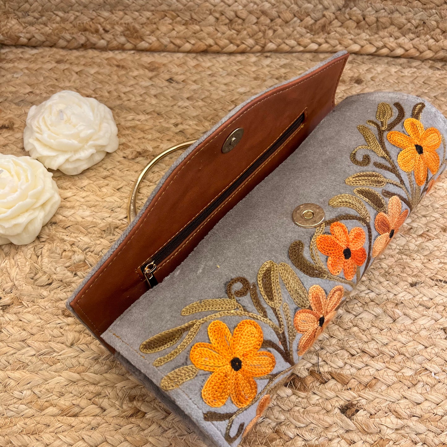 Grey Orange Floral Premium Kashmiri Velvet Embroidered Clutch