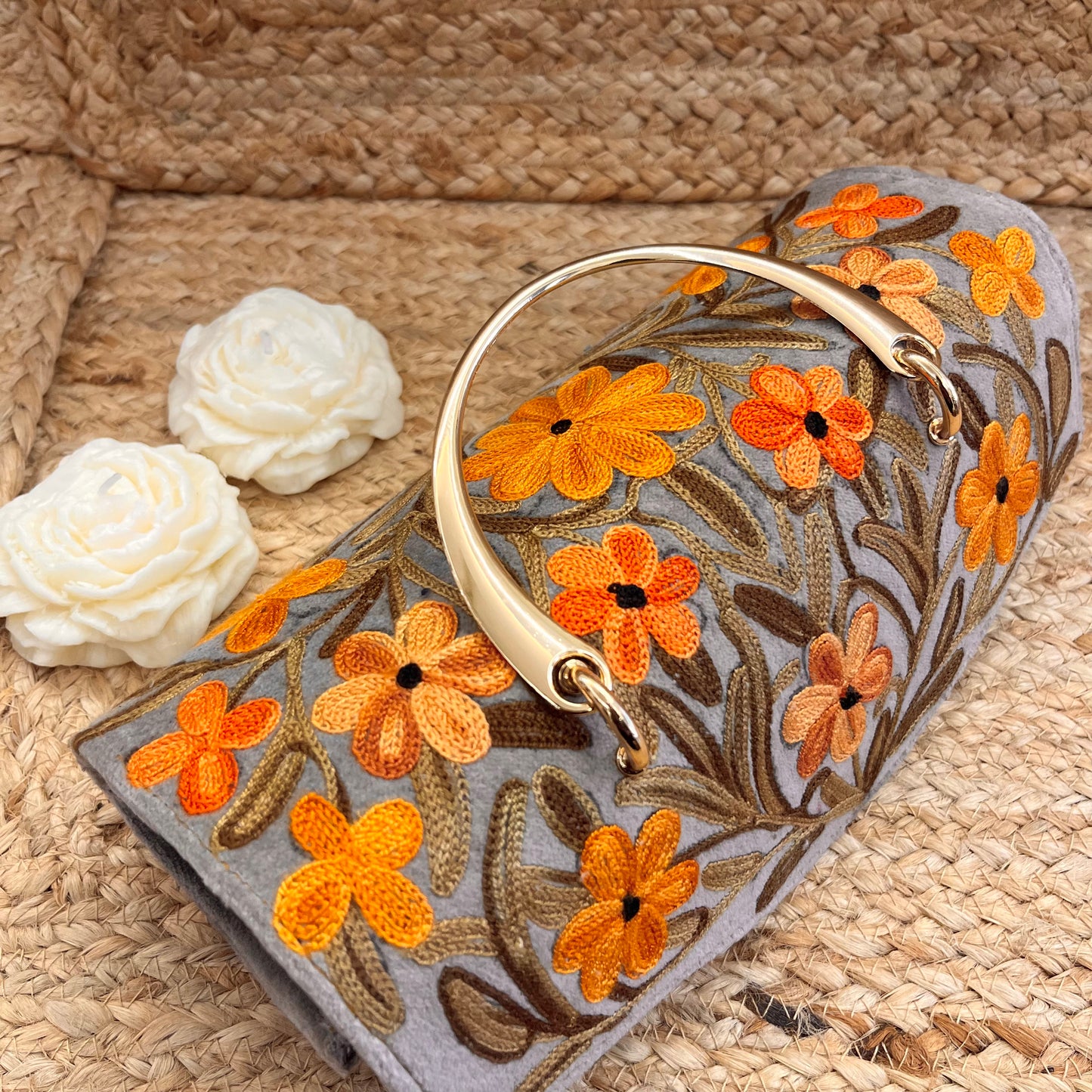 Grey Orange Floral Premium Kashmiri Velvet Embroidered Clutch