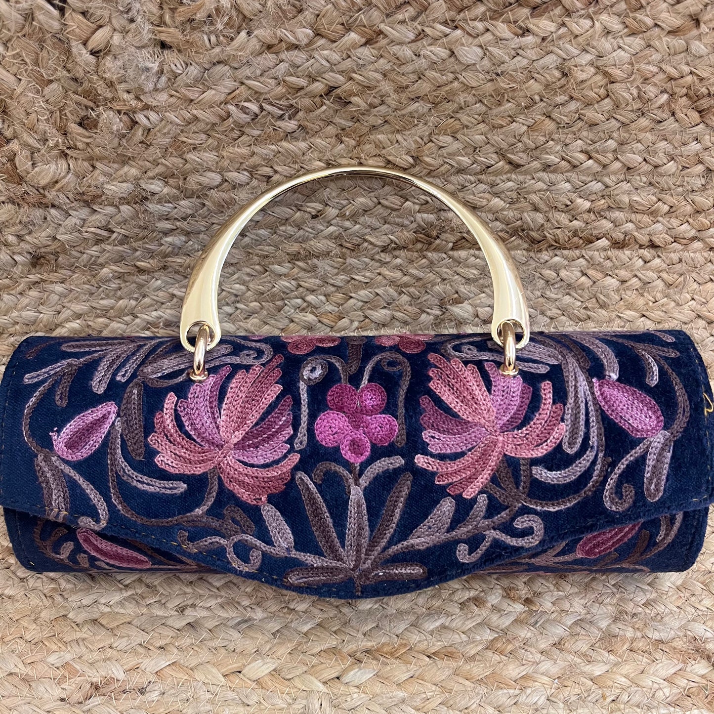 Blue Pink Floral Premium Kashmiri Velvet Embroidered Clutch