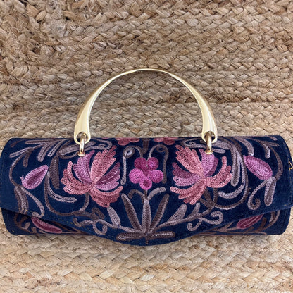 Blue Pink Floral Premium Kashmiri Velvet Embroidered Clutch