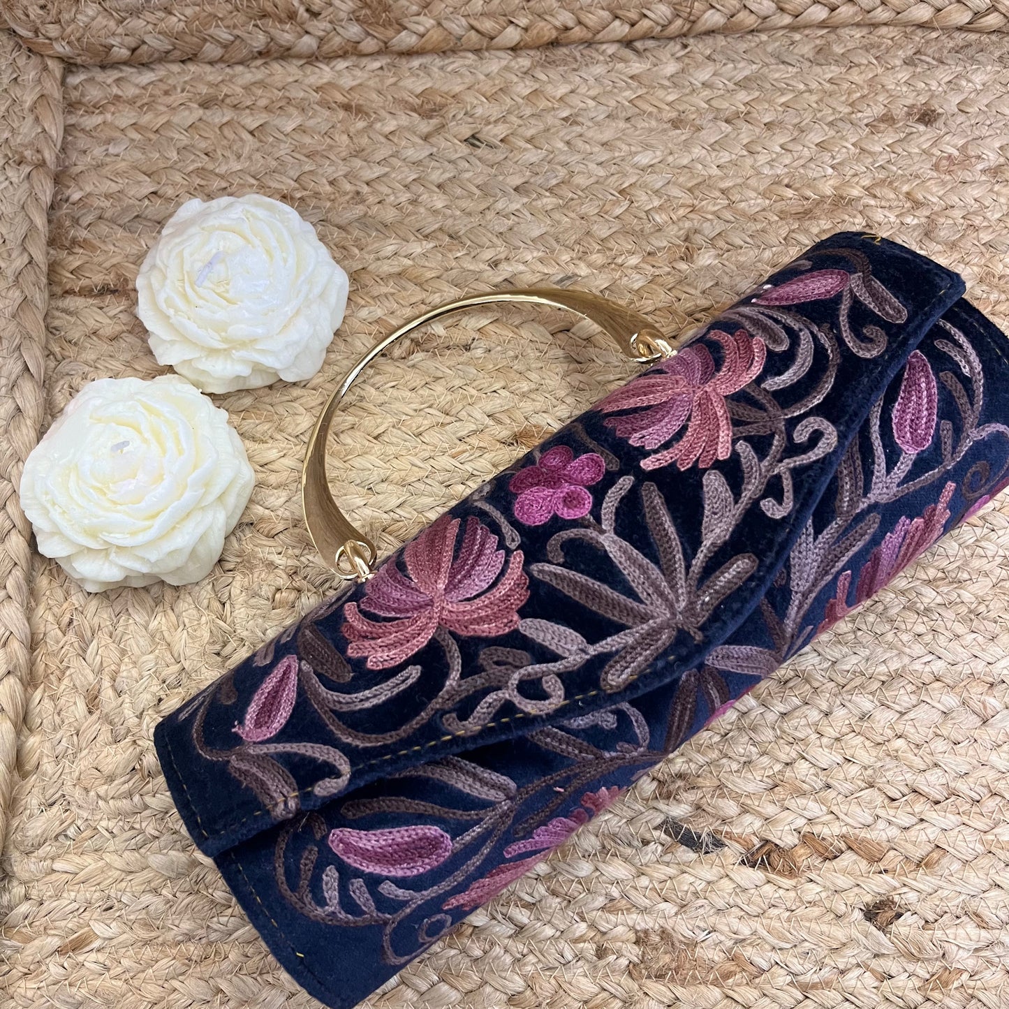 Blue Pink Floral Premium Kashmiri Velvet Embroidered Clutch