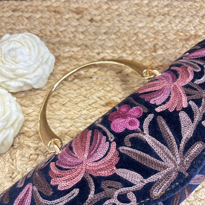Blue Pink Floral Premium Kashmiri Velvet Embroidered Clutch