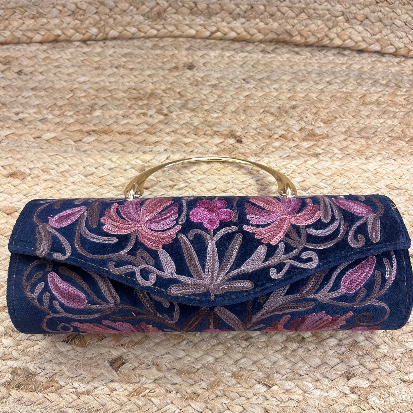 Blue Pink Floral Premium Kashmiri Velvet Embroidered Clutch