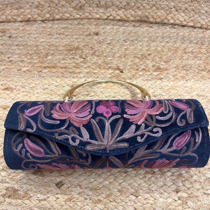 Blue Pink Floral Premium Kashmiri Velvet Embroidered Clutch