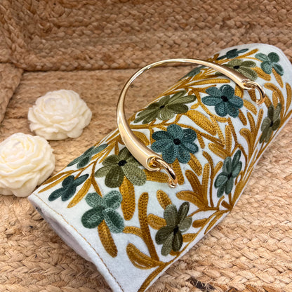 Snow White Green Floral Premium Kashmiri Velvet Embroidered Clutch