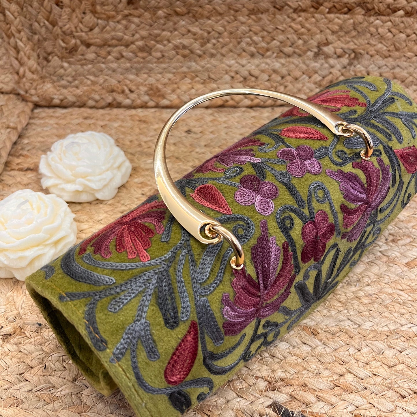 Olive Green Premium Kashmiri Velvet Embroidered Clutch