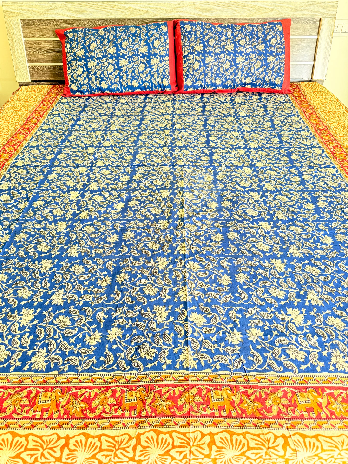 Blue Kalamkari King Size Bedsheet with 2 Pillow covers