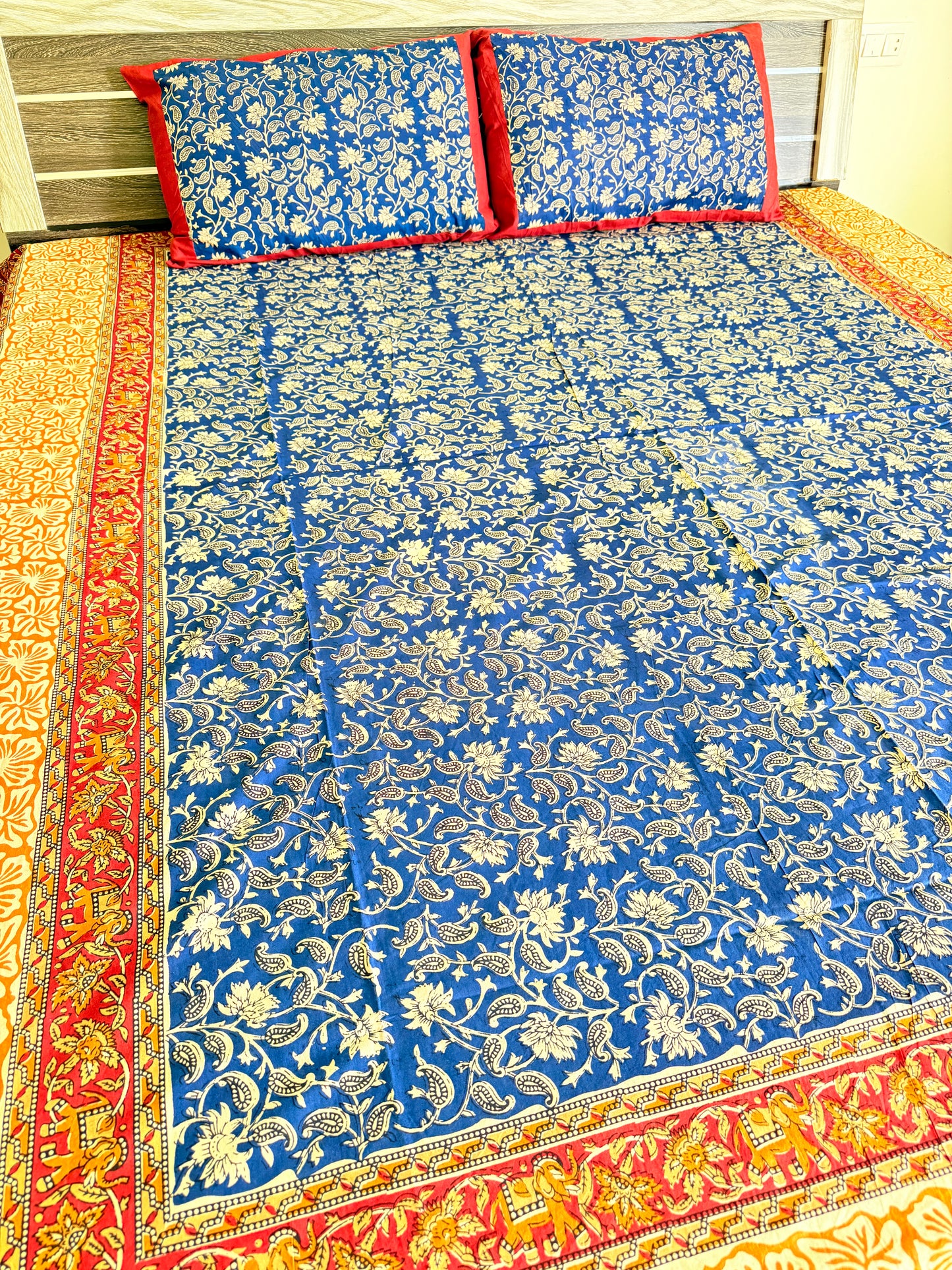 Blue Kalamkari King Size Bedsheet with 2 Pillow covers