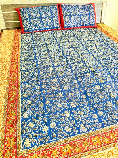 Blue Kalamkari King Size Bedsheet with 2 Pillow covers