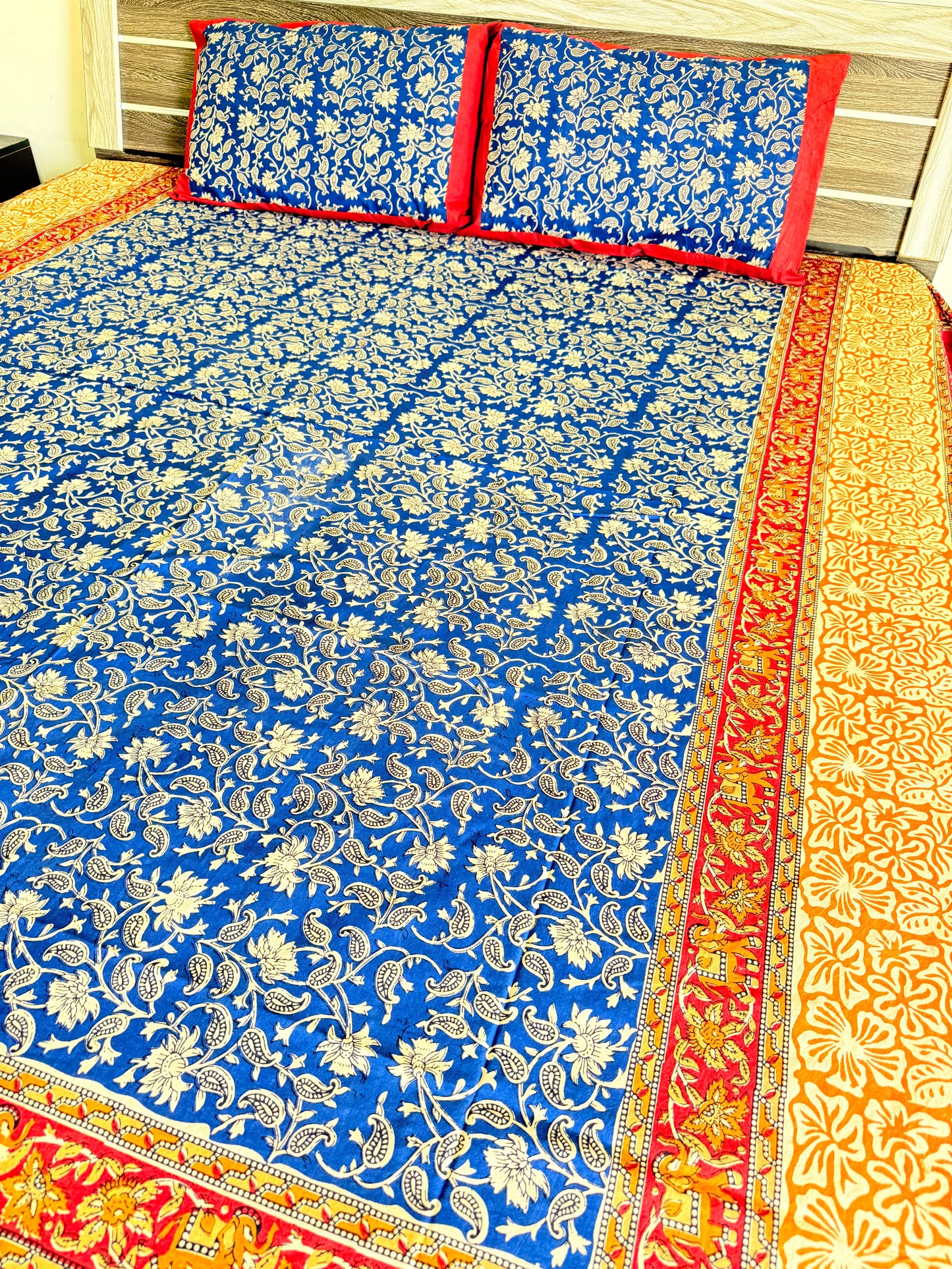 Blue Kalamkari King Size Bedsheet with 2 Pillow covers