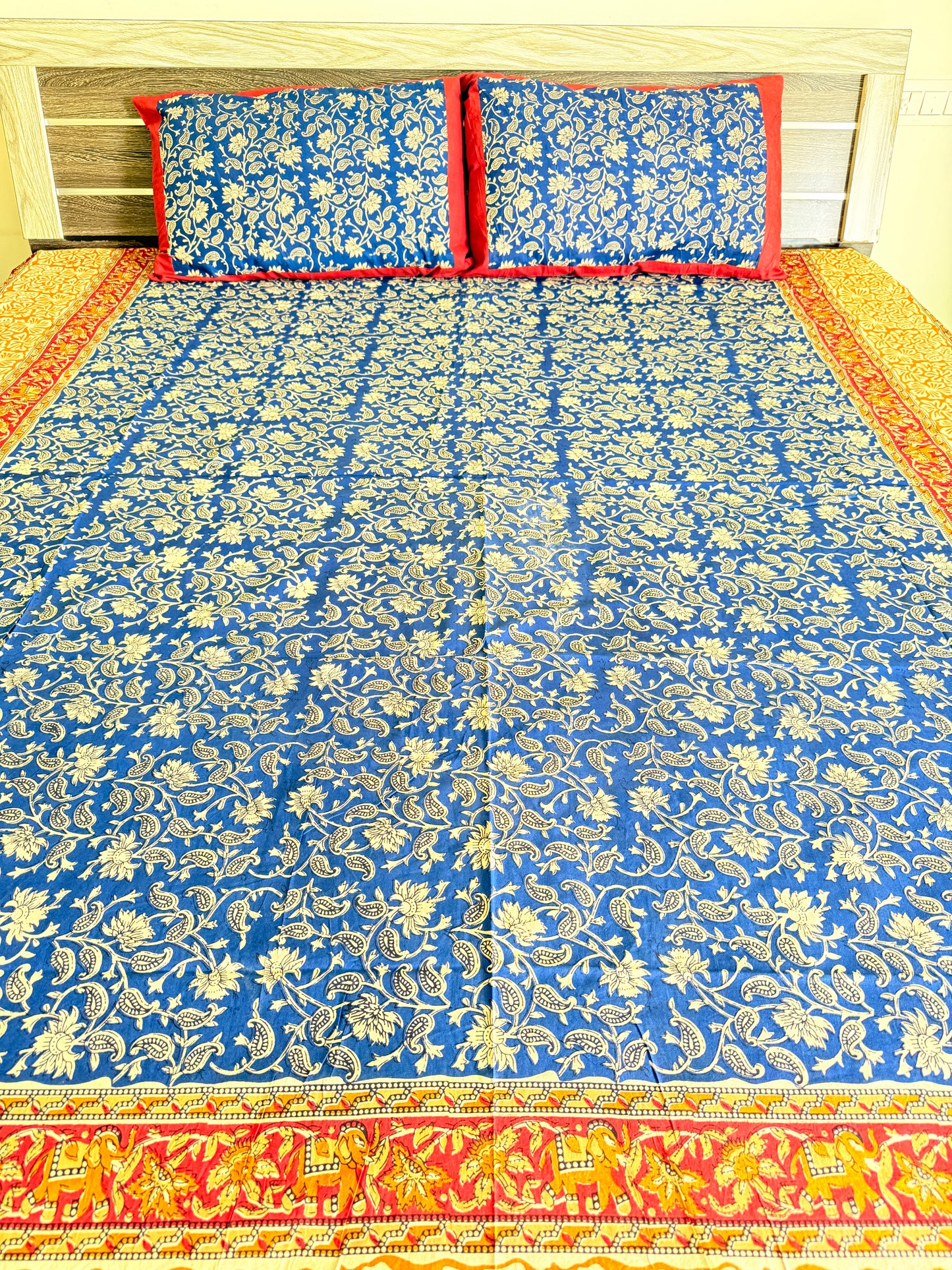 Blue Kalamkari King Size Bedsheet with 2 Pillow covers